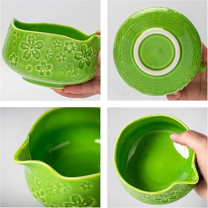 TEANAGOO 7-PCS Green Matcha Whisk Set, Complete Ceremony Start Kit, Ceramic Chawan Bowl with Spout, Whisk & Accessories, Traditional Matcha Tea Set for Lattes& Gift Giving