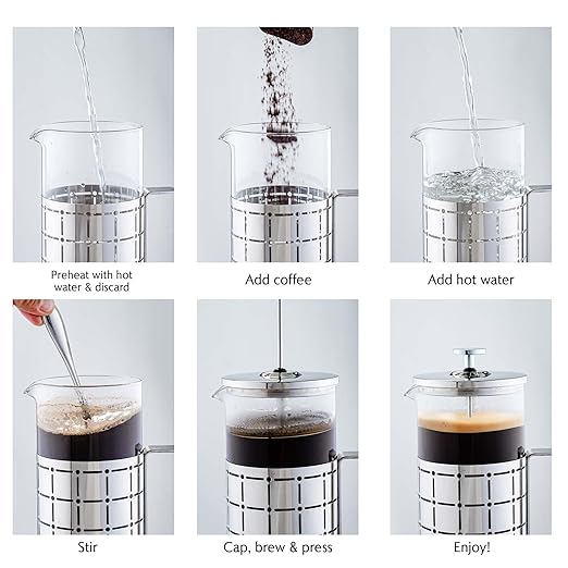 OVENTE French Press Coffee Maker 27 Ounce with Heat Resistant Borosilicate Glass, Stainless Steel Design and 4-Level Filter System, Portable Cold Brewer Pot for Travel, Camping or Gift, Silver FSS27P