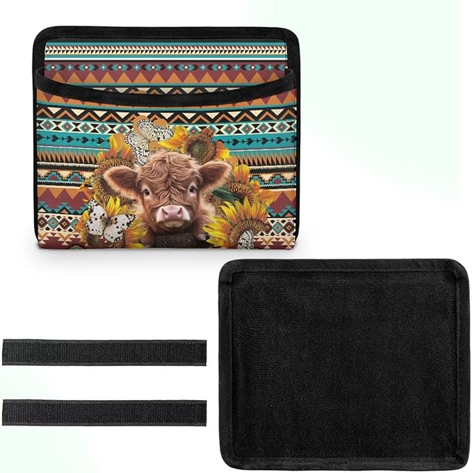 Tribal Highlands Cow Car Side Pocket Organizer Holder for Cell Phone Sunglasses Cards Front Back Seat Storage Pocket for Car Small Auto Console Door Window Storage Bag