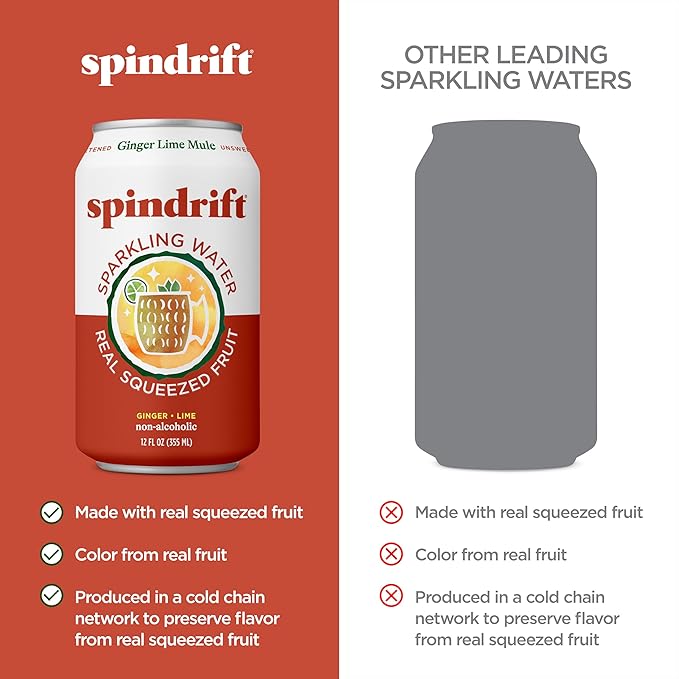 Spindrift Sparkling Water, Ginger Lime Mule Flavored, Made with Real Squeezed Fruit, 12 Fl Oz Cans, Pack of 24 (Only 11 Calories per Can)