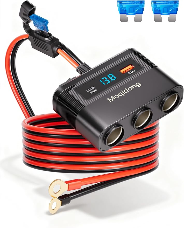 5 in 1 Cigarette Lighter Splitter, 180W Car Charger Adapter with USB PD/QC 30W (6.6FT Cable), 24V/12V Cigarette Socket Eyelet Terminal Battery Power Plug with Main Switch & LED Voltage Display