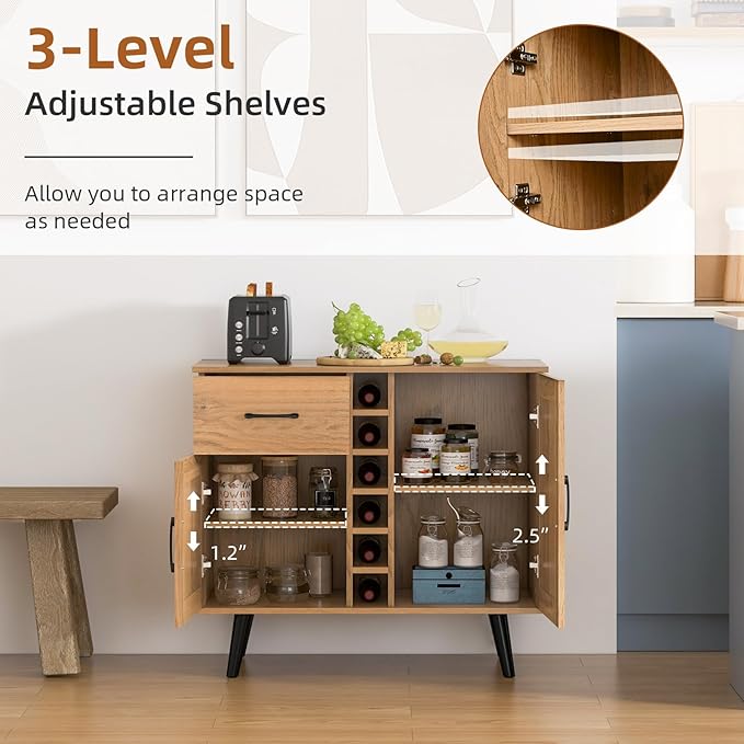 Buffet Cabinet with Storage, Liquor Cabinet w/ 6-Bottle Wine Rack, 1 Drawer & 2 Doors, Wood Buffets & Sideboards, Farmhouse Coffee Bar Table for Kitchen, Dining Living Room, Entryway (Natural)