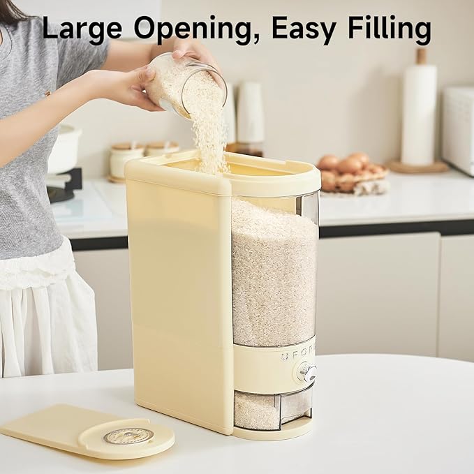 UFORU Rice Dispenser 20 lbs | Large Rice Storage Container for Kitchen&Pantry - Space-saving, Moisture & Pest-proof, BPA-Free - Dry Food Dispenser with One-Touch Dispenser & Measuring Cup for Families