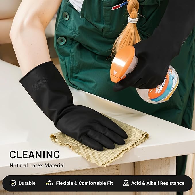 ThxToms 3 Pairs Dishwashing Gloves, Reusable Latex Cleaning Gloves for Housework Kitchen Bathroom, Durable Flexible & Anti-slip, Smooth Lining, Easy On & Off, Large, Black