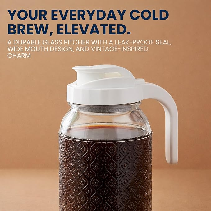 Cold Brew Coffee Maker 64 oz – Airtight Glass Mason Jar Pitcher Brewer with Leak-Proof Lid & Handle, Wide Mouth Iced Coffee Maker, Vintage Kitchen Decor - Blush