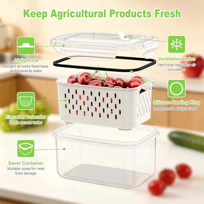 8-Piece Fruit Storage Containers for Fridge, BPA Free Plastic, Airtight with Vent Holes and Removable Colander, Refrigerator Organizer for Vegetables, Meat, Berry