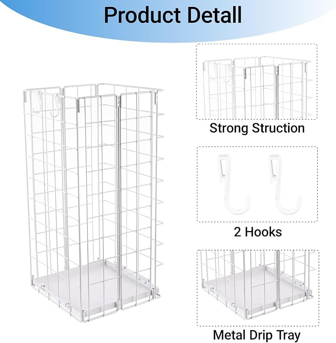 Umbrella Stand, Umbrella Holder for Entryway, Large Metal Foldable Umbrella Rack Organizer Freestanding, with Water Tray and Hooks, Rectangular Hollow Rack 9.5 x 9.5 x 19.7 Inches (White)