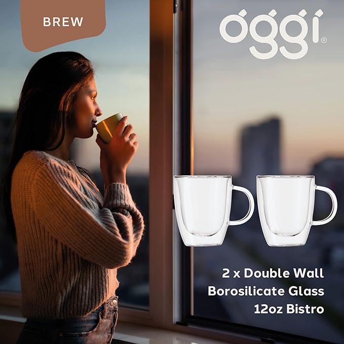 Oggi Set of 2 Double Walled Insulated 12-Ounce Borosilicate Glass Bistro Mugs
