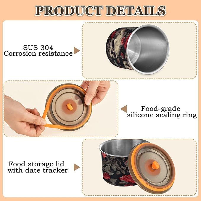 ALAZA Skull Red Rose Flower Floral Airtight Coffee Bean Canister 500ml Food Storage Containers with Lids For Gournd, Tea, Sugar, Flour, Rice, Cereal, Candy Cookie Jar
