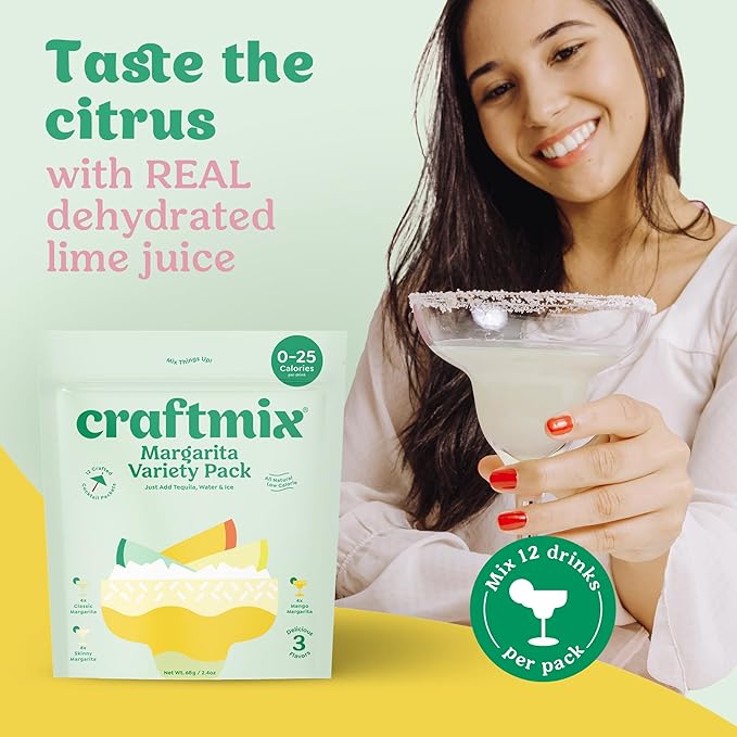 Craftmix Margarita Variety Pack Cocktail & Mocktail Drink Mixer, Skinny Mixes - Water Flavoring Packets - Made With Real Fruit - Vegan Low-Carb, Low-Sugar, Non-GMO, Dairy Free, Gluten Free, 12 Pack