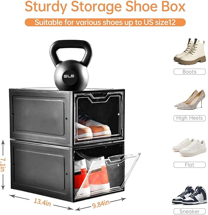 Stebopum 12 Pack Shoe Boxes Organizer, Magnetic Door Shoe Storage Boxes, Clear Sneaker Storage Box for Women/Men, Fit up to US Size 12