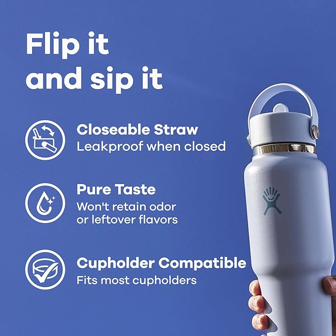 Hydro Flask Travel Water Bottle - Insulated Stainless Steel - Wide Straw Lid, Non Spill, Leakproof in 32 Oz Surf Blue