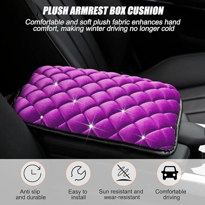 Car Center Console Cover, Crystal Rhinestone Fluffy Soft Vehicle Armrest Seat Box Cushion Pad, Automotive Interior Middle Console Protector, Universal for Automobile RV Truck (Purple)