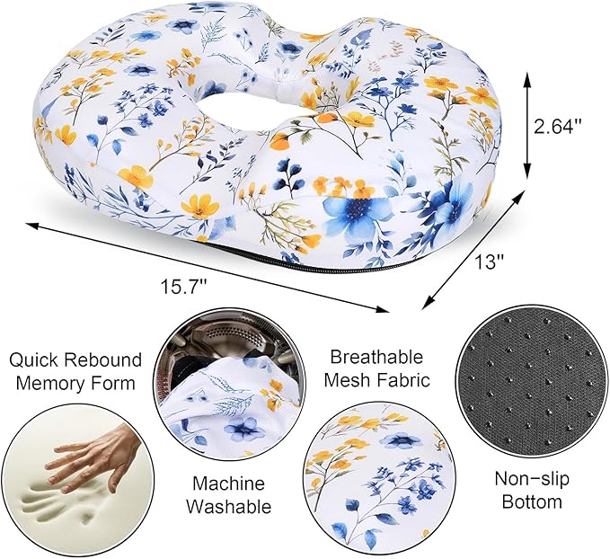 Floral Donut Pillow for Hemorrhoids Seat Cushion for Tailbone Pain Relief - Flower Home Office Chair Cushion for Long Sitting Work - Memory Foam Car Seat Cushions for Driving Butt Pain Pressure Relief