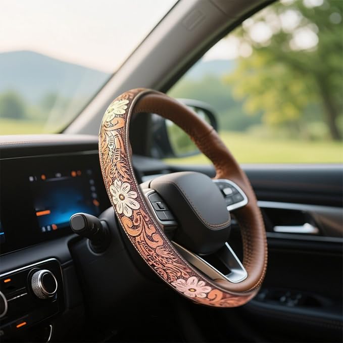 Retro Western Cowboy Car Universal Steering Wheel Cover, Embossed Handcrafted Tooled Leather Western,Anti Slip, Auto Interiors Accessories,Breathable for Trucks SUVs Cars (B)