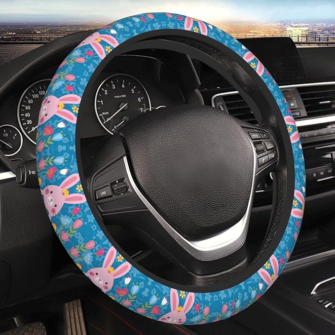 Neoprene Steering Wheel Cover Easter Bunny Yellow Blue Floral Chick Car Steering Wheel Cover Universal Fit for Most Cars