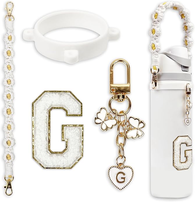 Compatible with Owala Water Bottle Accessories, Cute Letter Charm Set with Boho Handle Strap, Monogram Sticker, Silicone Ring, Keychain Decoration, for FreeSip 24 32 40oz, Owala Kids, Tumbler Gift