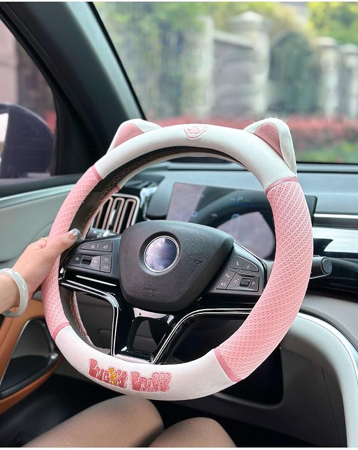 Women's Cartoon Steering Wheel Cover Comfortable, Breathable, Non-Slip All-Season Car Accessory Universal 15-inch Fit Suitable for Sedans, Pickup Trucks, and SUVs(pinkD)