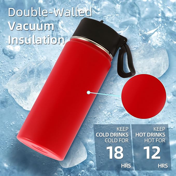 Volhoply Kids Insulated Water Bottle with Straw,16oz Stainless Steel Cold Water Bottles for School,BPA-Free Metal Wide Mouth Cups with Handle Lid,Reusable Double Wall Vacuum Sport Flask(Red,1)