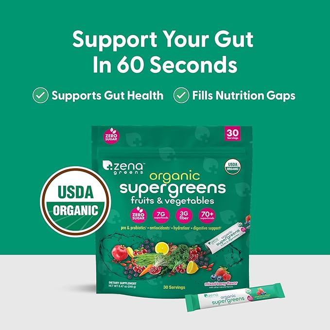 Zena Nutrition Organic Super Greens Powder, 70+ Superfoods, 0 Sugar, 3g Fiber, Spirulina, Chlorella, Mushrooms, Prebiotics/Probiotics, Digestive Enzymes, Gut Health, Mixed Berry, 30 Drink Mix Packets