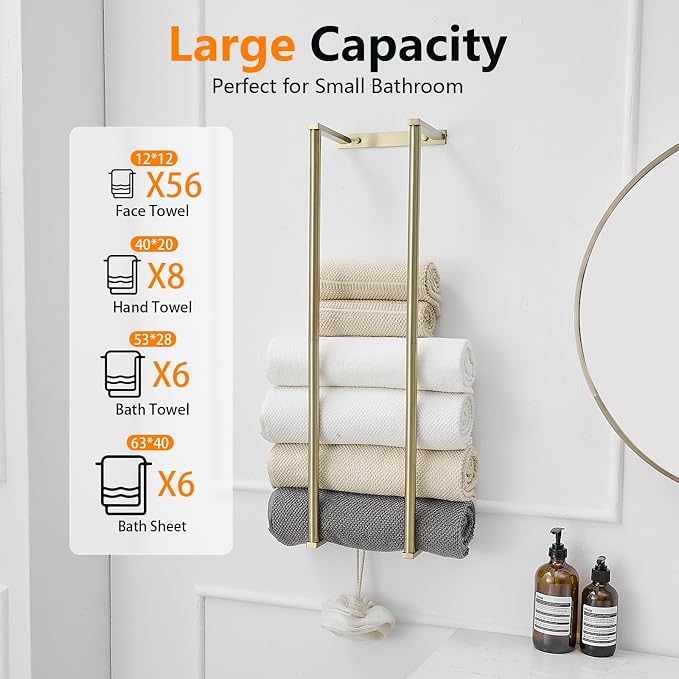 BWE Brushed Gold Towel Racks for Bathroom, 28" Stainless Steel Bathroom Towel Holder for Rolled Towels, Wall Mounted Towel Storage for Bathroom with 2 Hooks, 6 Large Bath Towels Capacity