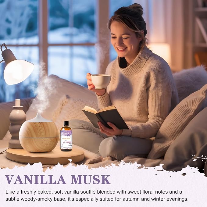 EUQEE Vanilla Musk Fragrance Oil, 3.38 Fl oz/ 100ml Essential Oils for Diffuser, Candle Making, DIY Soap, Aromatherapy with Glass Dropper