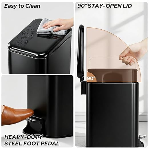 Small Bathroom Trash Can w/Lid Soft Close, 6 Liter/1.6 Gallon Stainless Steel Garbage Can w/Inner Bucket, Trash Bin Waste Basket for Kitchen, Bedroom, Living Room, Office, Toilet, Black
