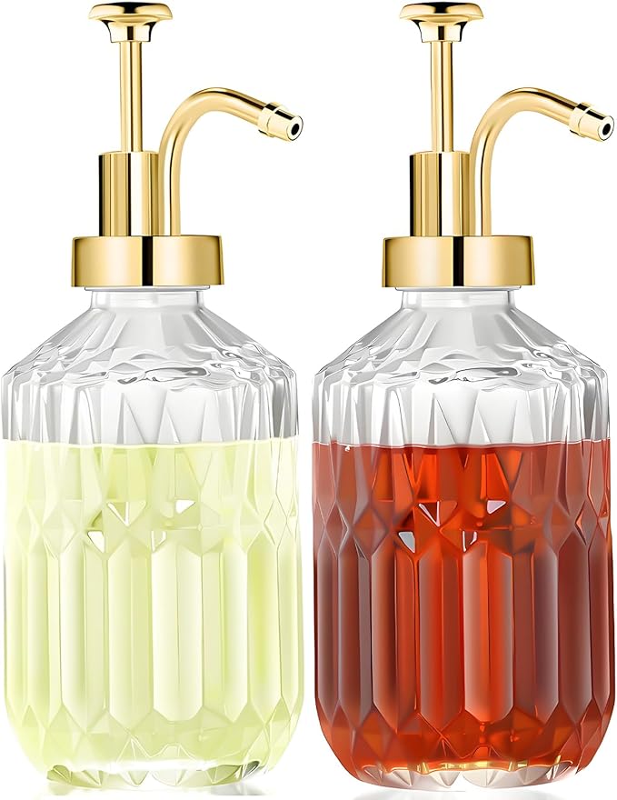 Glass Coffee Syrup Dispenser 13.5oz, Syrup Bottles with Luxurious Diamond Texture, Gold Syrup Pump, Coffee Bar Accessories, Kitchen Decoration (2)