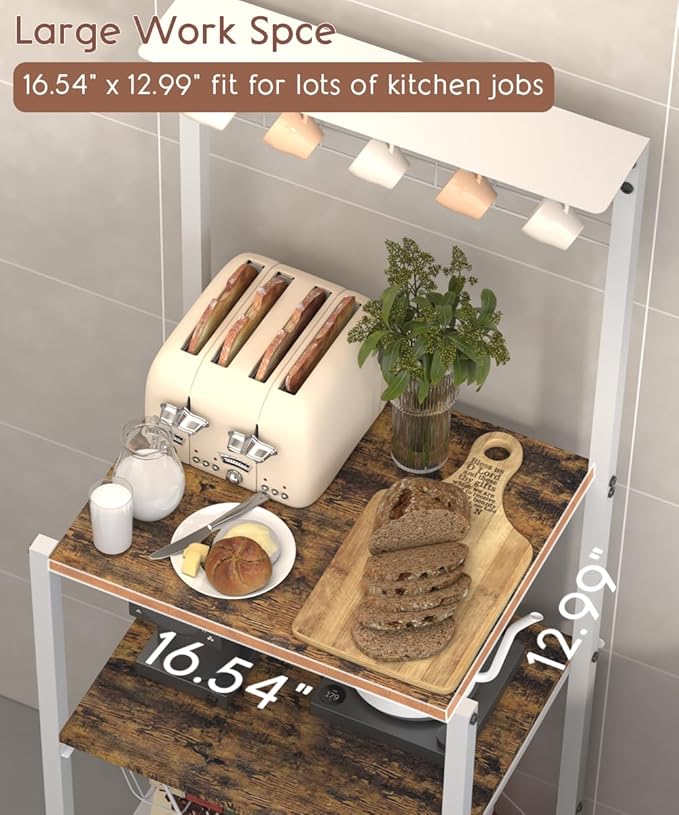4 Tier Coffee Bar Station, Corner Bakers Rack with 5 Hooks & Wire Basket, Coffee Maker Stand for Small Space, Kitchen Storage Shelf for Entryway, Living Room, Café, White, 16.5"x13"x47.8"