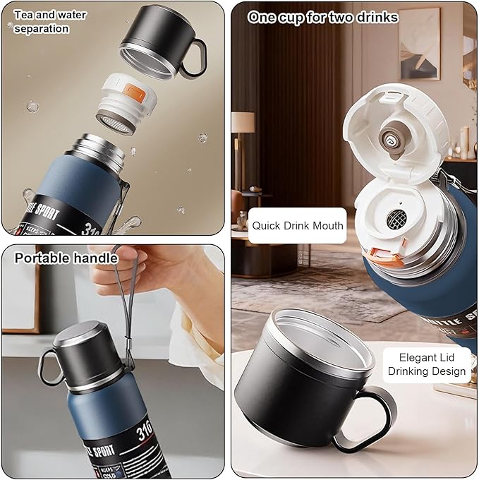 Double wall vacuum Leakproof stainless steel wide mouth insulated water bottle;tea tumbler with tea strainer infuser basket,cup and lid; travel coffee thermoses hot drinks;portable cold thermal flask
