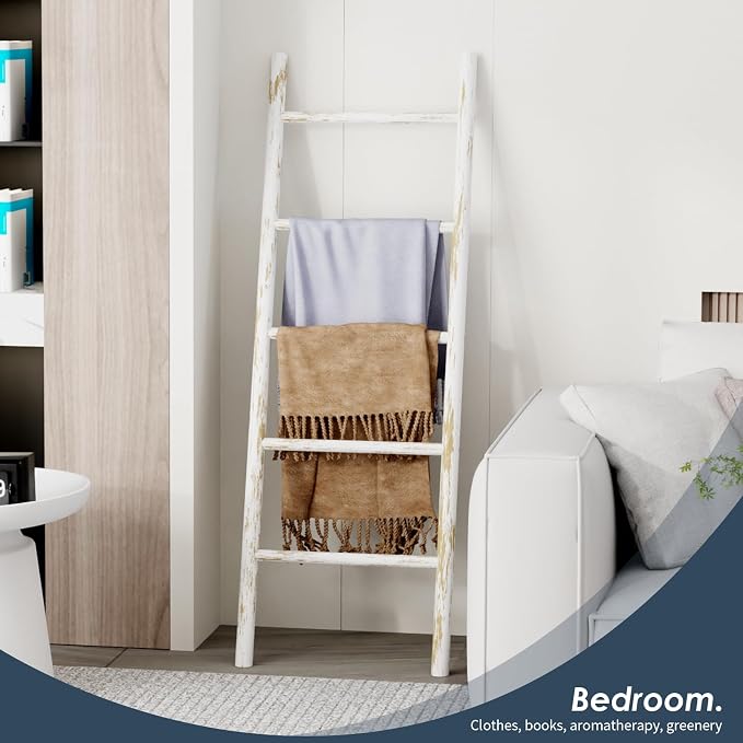 Delywh Wooden Blanket Ladder, 4.8ft Throw Blanket Holder for Living Room, Bedroom, Rustic Decorative Quilt Towel Rack Stand Ladders, Farmhouse Wood Ladder Home Decor for Blankets Display