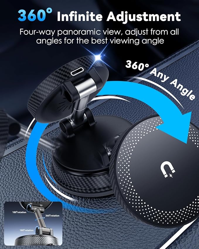 CloudValley Only for iPhone Magnetic Car Mount Charger【15W Fast Wireless Charging】 Compatible with MagSafe, Super Strong Vacuum Suction, 360° Adjustable Foldable Stand for Car Dashboard/Windshield