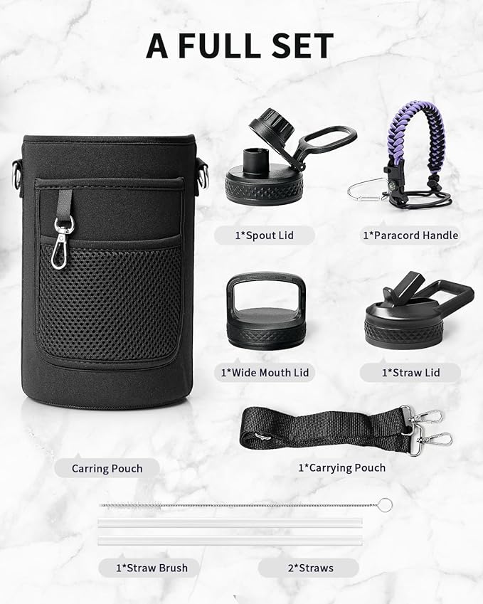 Trebo Water Bottle 64oz with Paracord Handle, Half Gallon Large Vacuum Double Wall Stainless Steel Insulated Water Jug with Holder Strap Straw Spout Lids, Leakproof Keep Cold & Hot,Dark Purple