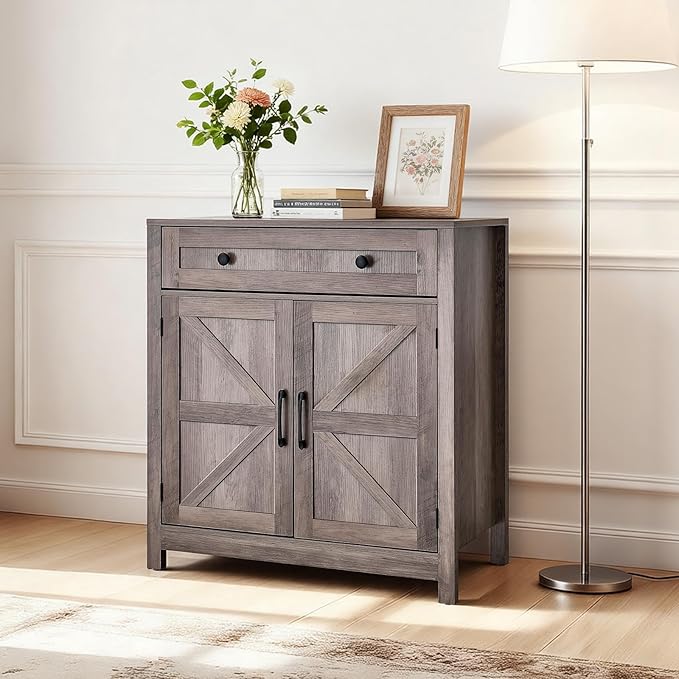 VEVOR Buffet Cabinet, Farmhouse Sideboard Cabinet with Drawer, Coffee Bar Cabinet with 2 Barn Door, Sideboard Buffet Station for Living Room, Entryway, Kitchen, 29.5 x 14.7 x 31.5 in, Grey