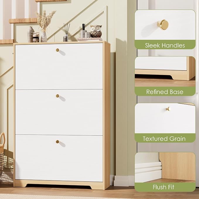 Nicetree Shoe Storage Cabinet for Entryway, Modern Shoe Cabinet, Freestanding Shoe Rack Cabinet, Hidden Shoe Dresser for Hallway,Foyer, Natural Oak and White