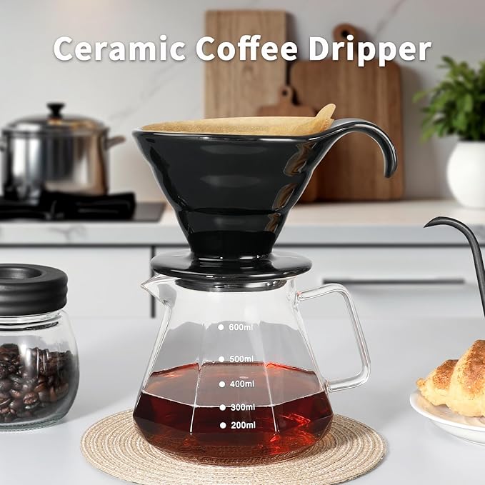 Mongdio Pour Over, Ceramic Coffee Pour Over, Reusable Porcelain Portable Pour Over Coffee Maker with 40pcs Paper Filter, For Home,Black