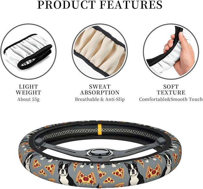 Grey Boston Terrier Pizza Universal Fit Steering Wheel Cover for Car, Truck, and SUV, Durable Steering Wheel Protection