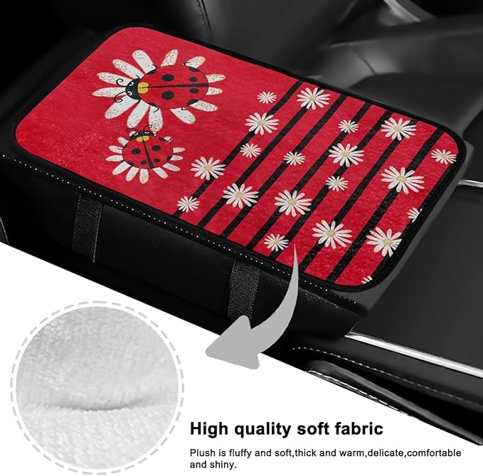 CLOHOMIN Ladybug Car Arm Rest Cover Pad Daisy Auto Armrest Pads Flannel Console Cover for Most Sedans Trucks SUVs Interior Accessories Car Armrest Cushion, Red