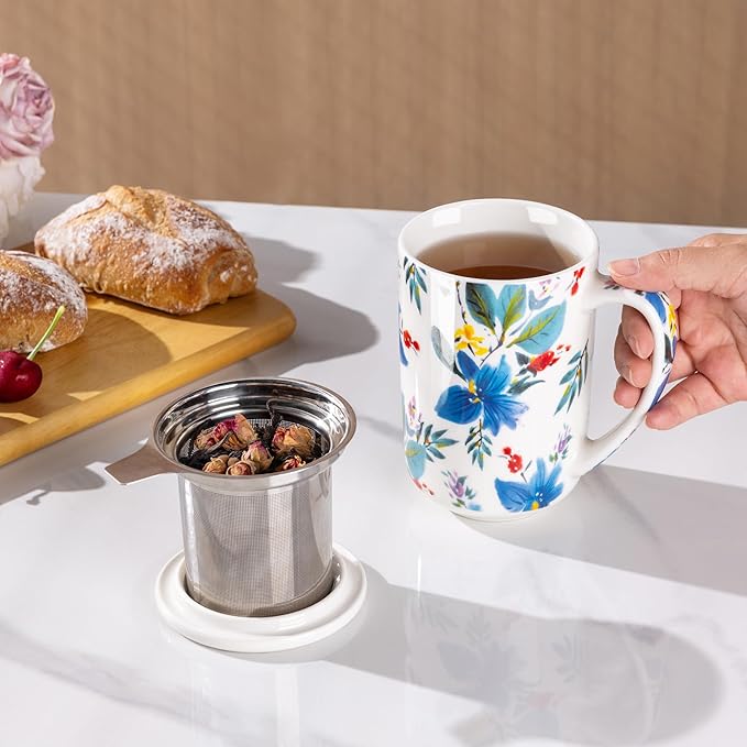 AmorArc Porcelain Tea Mug with Infuser and Lids, 18 Oz Coffee Cup Strainer with Bag Holder for Loose Leaf Tea, Steeping Coffee Mug for House-warming Wedding Birthday Gift