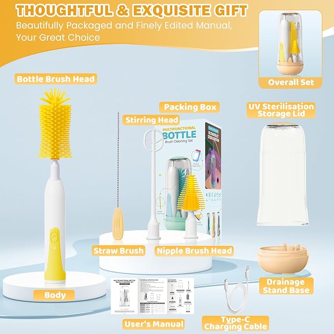 IvyWind Electric Travel Baby Bottle Brush Set with Storage Box, Automatic Bottle Cleaner Brush Kit with Silicone Bottle/Nipple/Straw Brush,Milk Frother Electric and Drainage Rack, Rechargeable, Yellow
