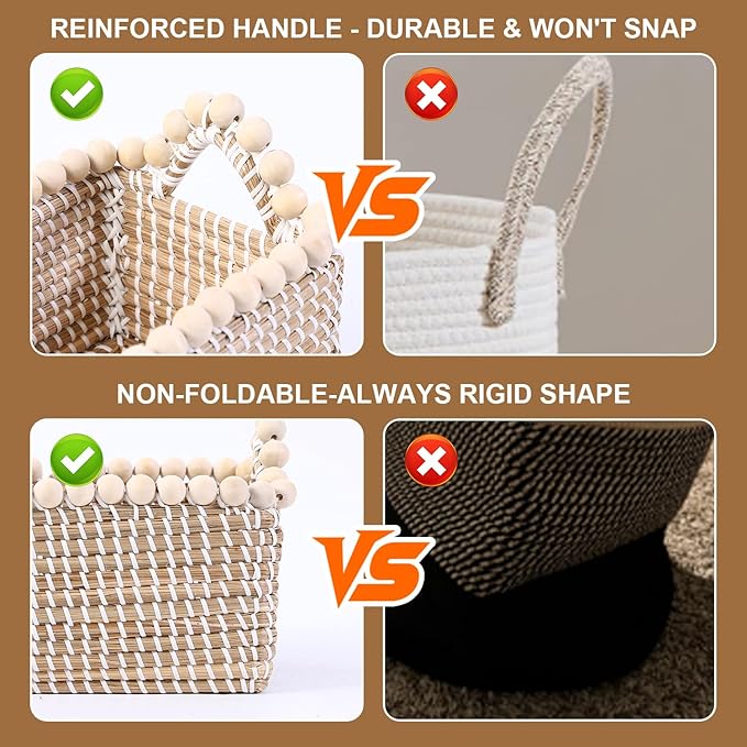 Set of 3 Seagrass Woven Storage Basket with Handles, Natural Wooden Bead Decoration for Blankets Toys Clothes Shoes Organizer, Cube Bins for Shelves Living Room Bedroom Nursery Home Decor