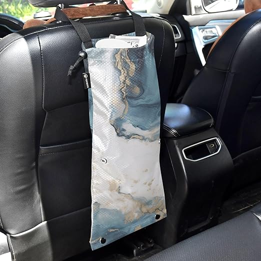 ALAZA Hanging Car Trash Bags Garbage Bag Trash Can for Back Seat Small Marble Nordic Style Washable Storage Bag Retractable 2 Pack