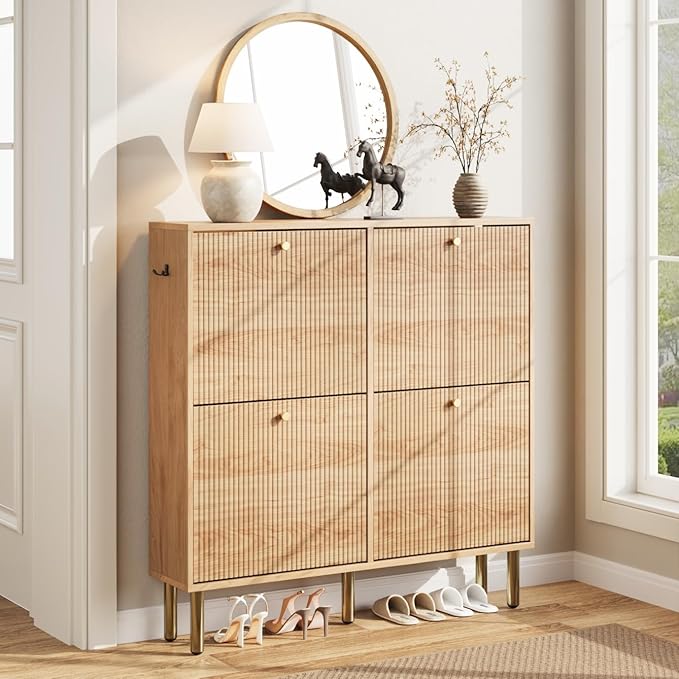 Nicetree Shoe Storage Cabinet for Entryway - 4 Flip Drawers Shoe Cabinet with Tiered Fluted Design - Slim Shoe Storage Rack with Gold Legs - Narrow Shoe Cabinet Hidden Shoe Organizer for Small Spaces
