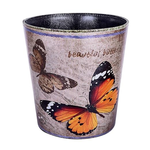 10L/2.64 Gallon Trash Can, Decorative Waste Basket, PU Leather Waste Paper Basket, Waterproof Garbage Can for Bathroom, Bedroom, Office, Kitchen and Living Room - Orange and Black Butterfly