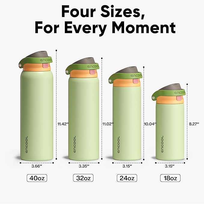 ENCOOL Leakproof Insulated Water Bottle with Straw Dual-Sip Water Bottle Bag-Safe Design for Work, Commute & Gym – Keeps Drinks Cold All Day, 18 oz, Sage Green