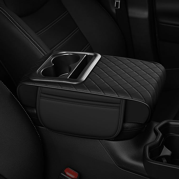 Car Center Console Cover Fit for Volkswagen Atlas Faux Leather Auto Armrest Box Cover with Cup Holder & Phone Holder Waterproof Leather Armrest Protector Cushion(Black)