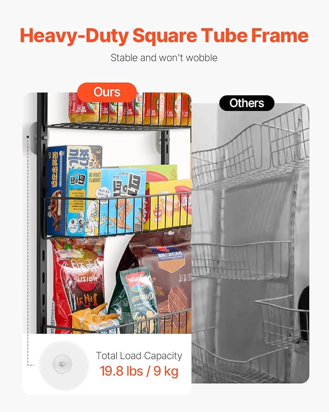 VEVOR Over the Door Pantry Organizer, 6-Tier Pantry Organization and Storage, Heavy-Duty Steel Hanging Spice Rack, Adjustable Wall Seasoning Shelves, for Home Kitchen Laundry Room Bathroom, Black