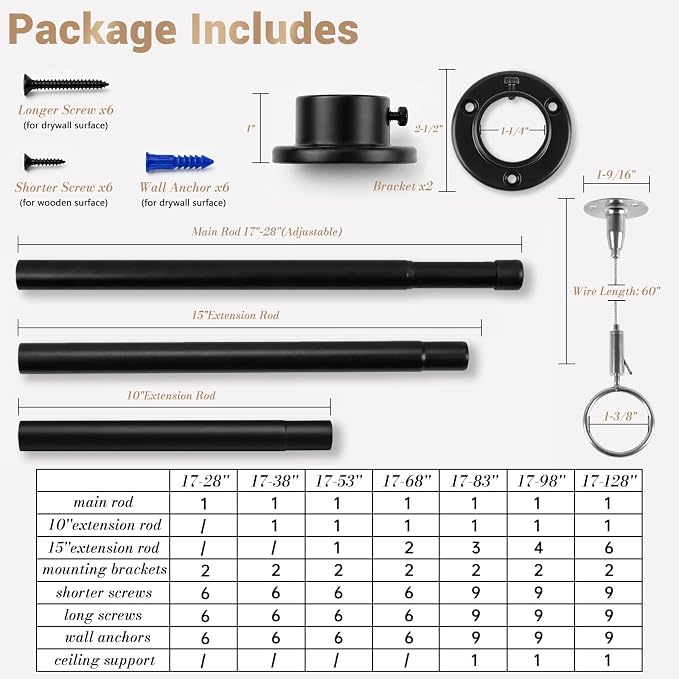 Closet Rod Adjustable 17 to 98 Inch, 1-1/4” Diameter, Closet Rods for Hanging Clothes, Stepless Metal Heavy Duty Hanging Rod for Closet Wardrobes Laundry RV (Black)