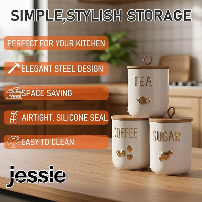 jessie 27oz Ceramics Coffee Canisters with Airtight Seal Bamboo Lid Silicone,Coffee Bean Storage for Kitchen Countertop,Food Storage Jars for Coffee Bean Ground Coffee (Three piece)