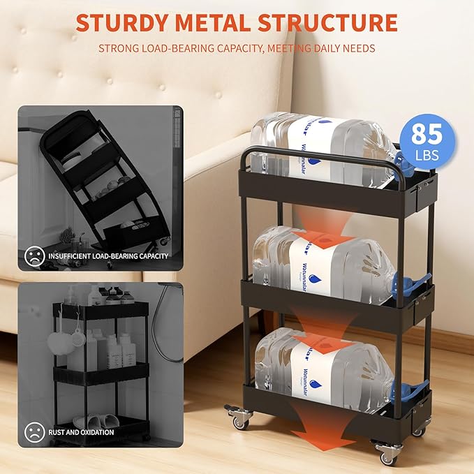 HOTEAGLE 3-Tier Rolling Cart Metal Expandable Utility Carts with Wheels, Ideal Storage Organizer for Livingroom, Bedroom, Kitchen and Bathroom, Black